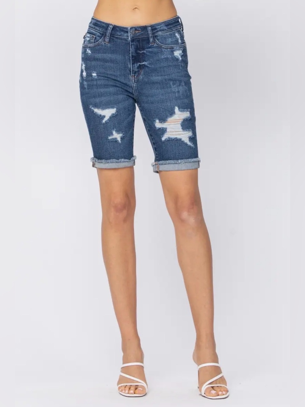 Judy Blue XL Destroyed Bermuda Shorts • High Rise Stretch Denim NWT